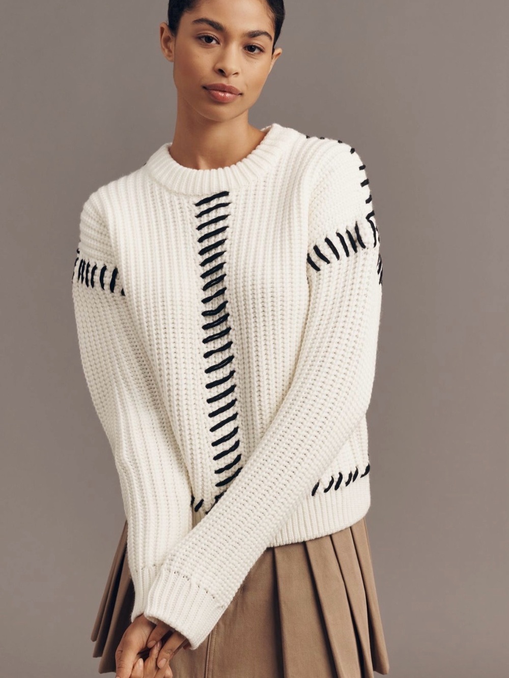 English Factory Cream Crewneck Sweater with Black Stitching